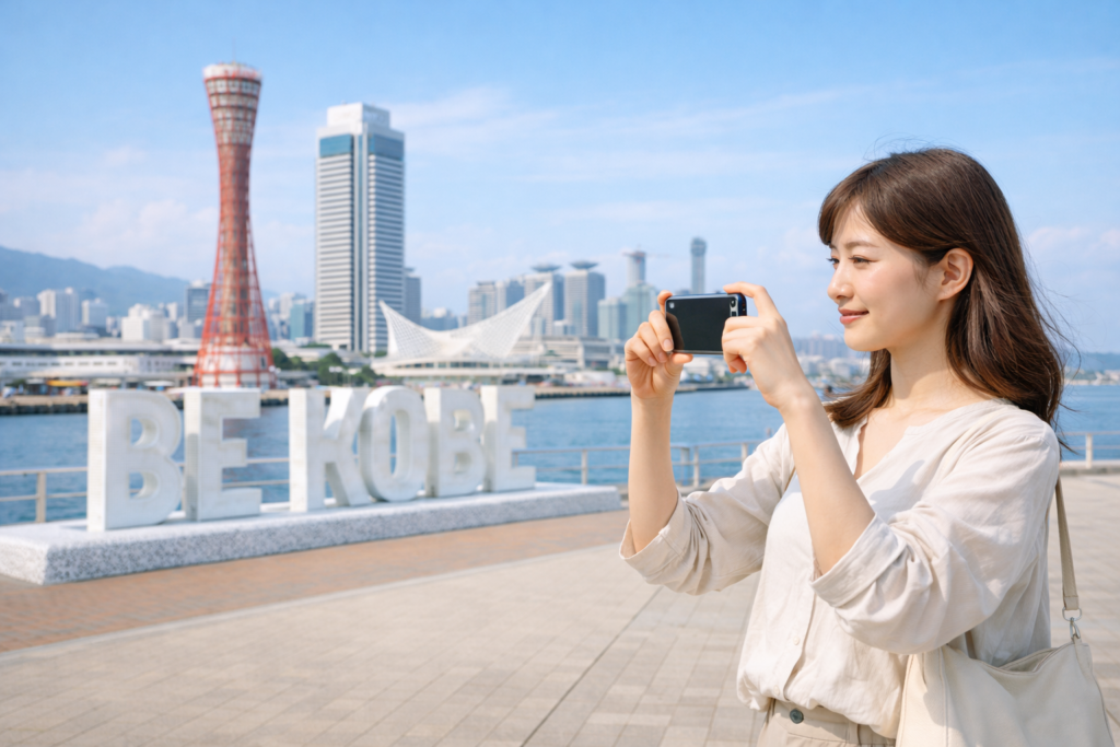 BE KOBEモニュメントで写真を撮る女性