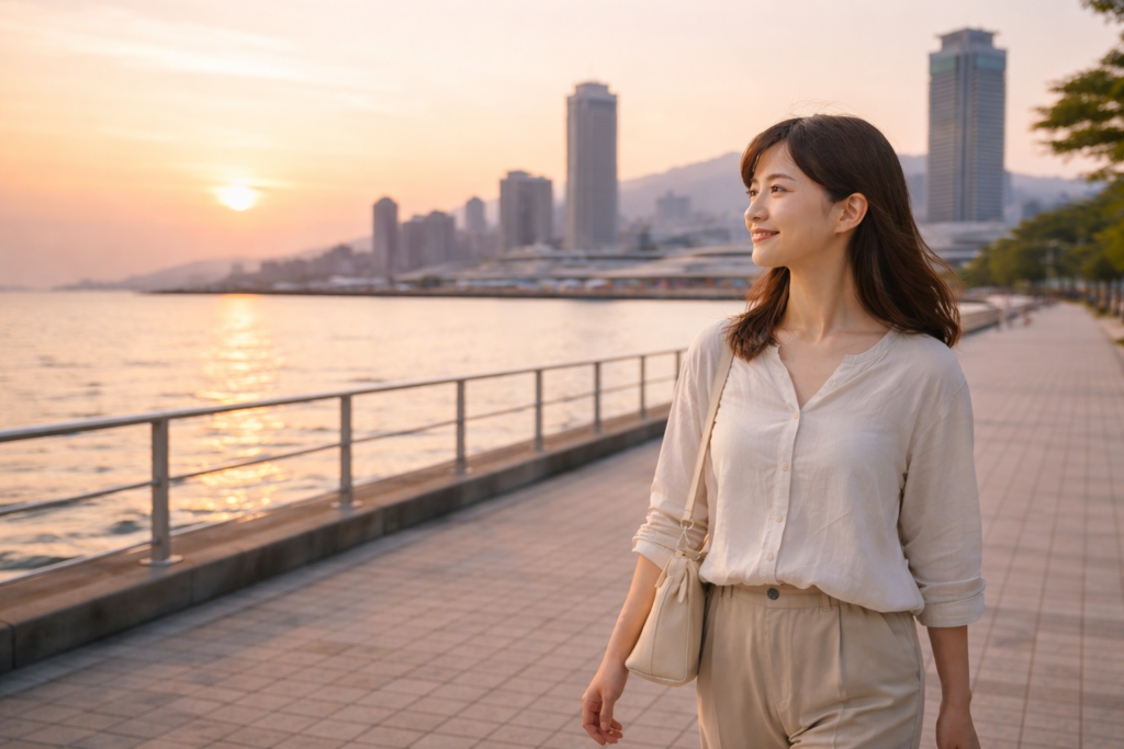 夕暮れのメリケンパークを歩く女性