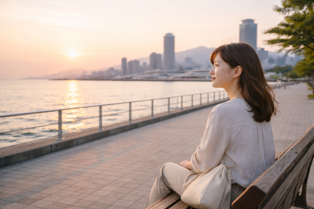 海を眺めながら静かな時間を過ごす女性