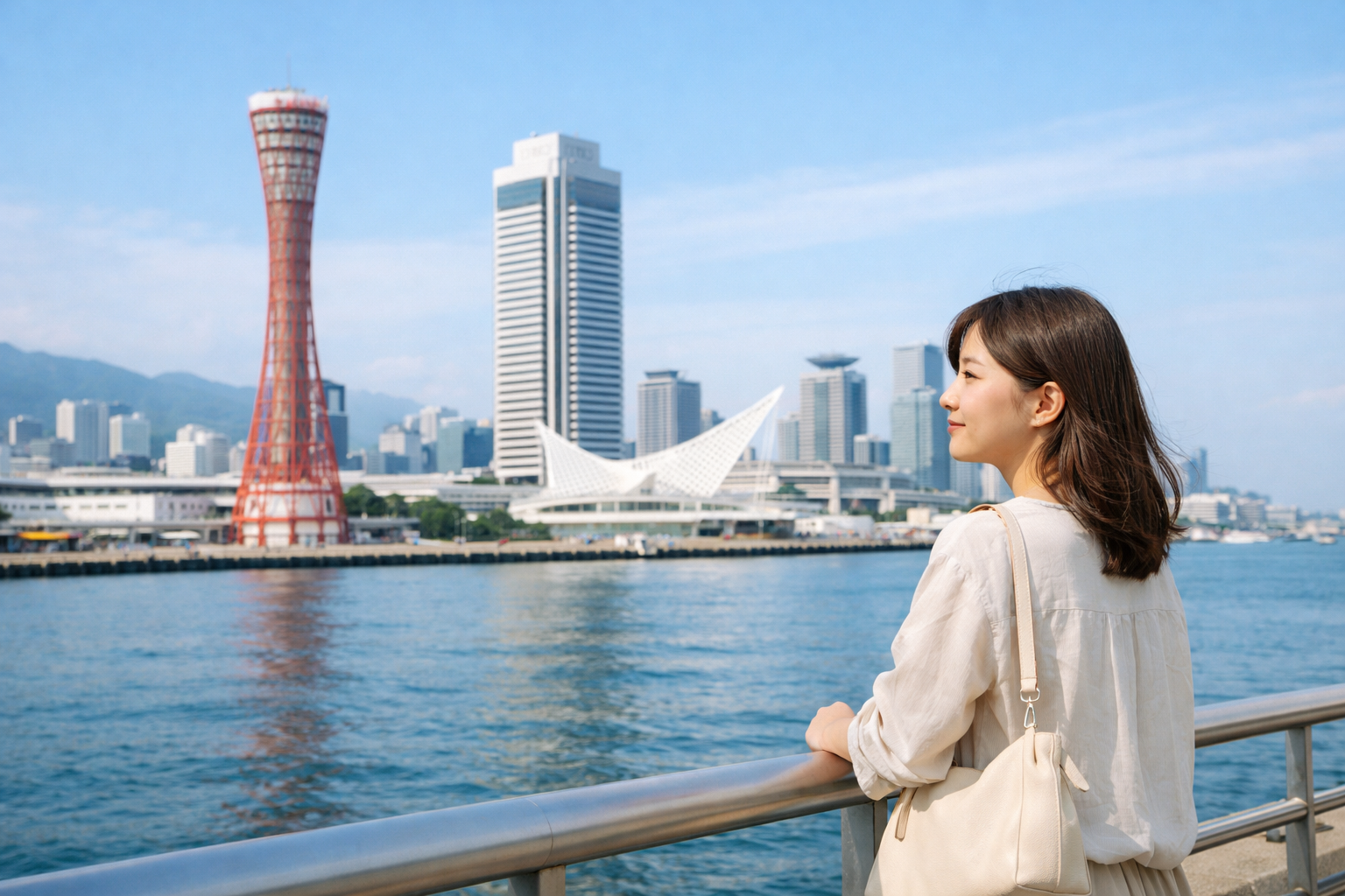 メリケンパークで海と神戸の街並みを眺める女性