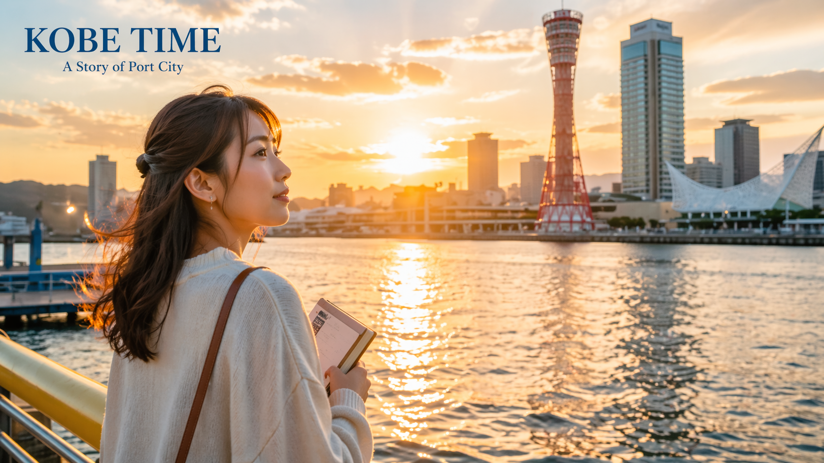 神戸港の夕景とポートタワーを背景にKOBE TIMEロゴが入ったトップ画像