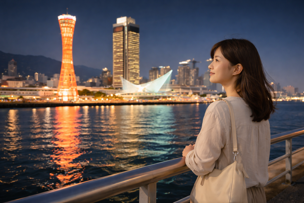 メリケンパークの夜景を眺める女性