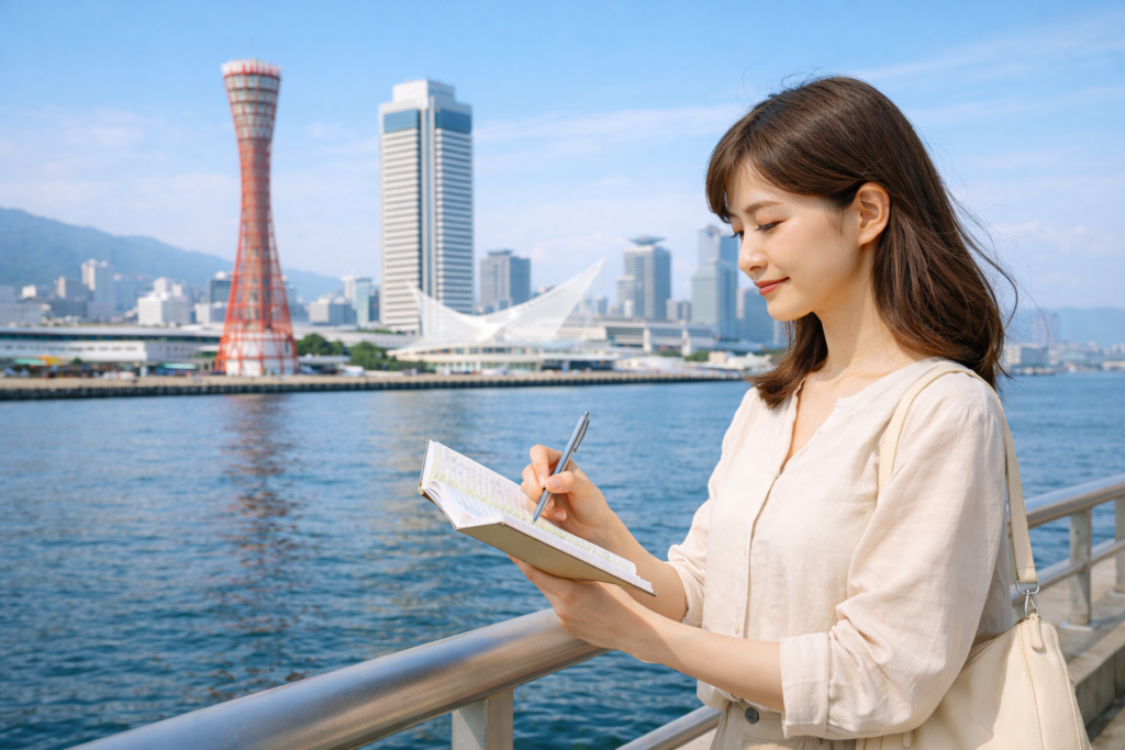 神戸観光の計画を立てる女性