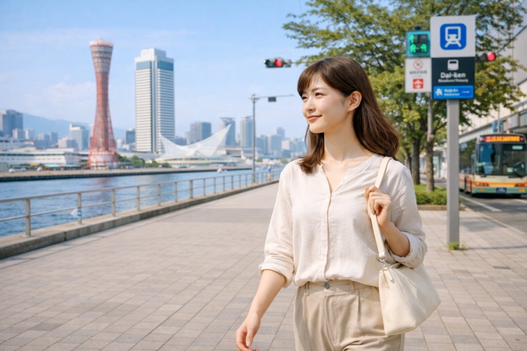 メリケンパークへ向かう女性
