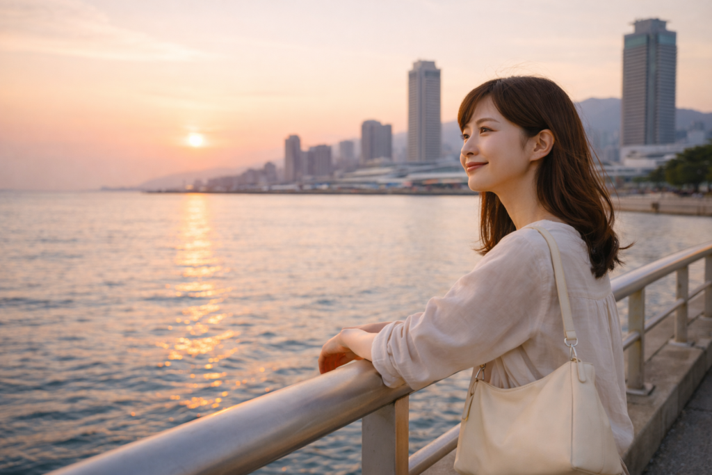 メリケンパークで充実した時間を過ごした女性